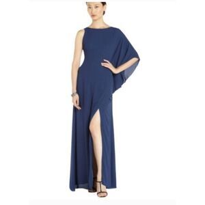 BCBGMaxAzria Janus Classic Navy One Shoulder Column Dress, Flutter Slv, EUC, S.4